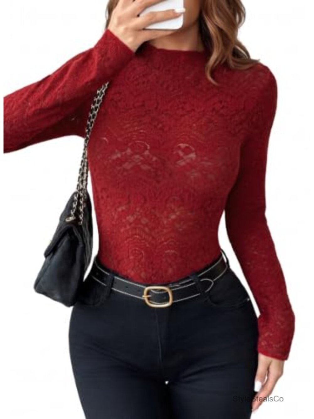 Pink Queen Lace Long Sleeve Mock Neck Sheer Mesh Top for Women